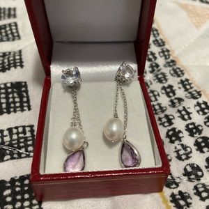 Pearl, amethyst, white sapphire drop earrings
